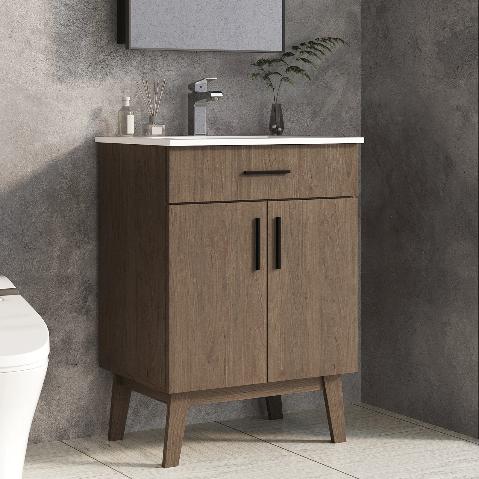 24in Retro WoodGrain Freestanding Bathroom Vanity Cabinet Drawer & DoubleDoor Bathroom Storage Cupboard MidCentury Bathroom Furniture Without Sink