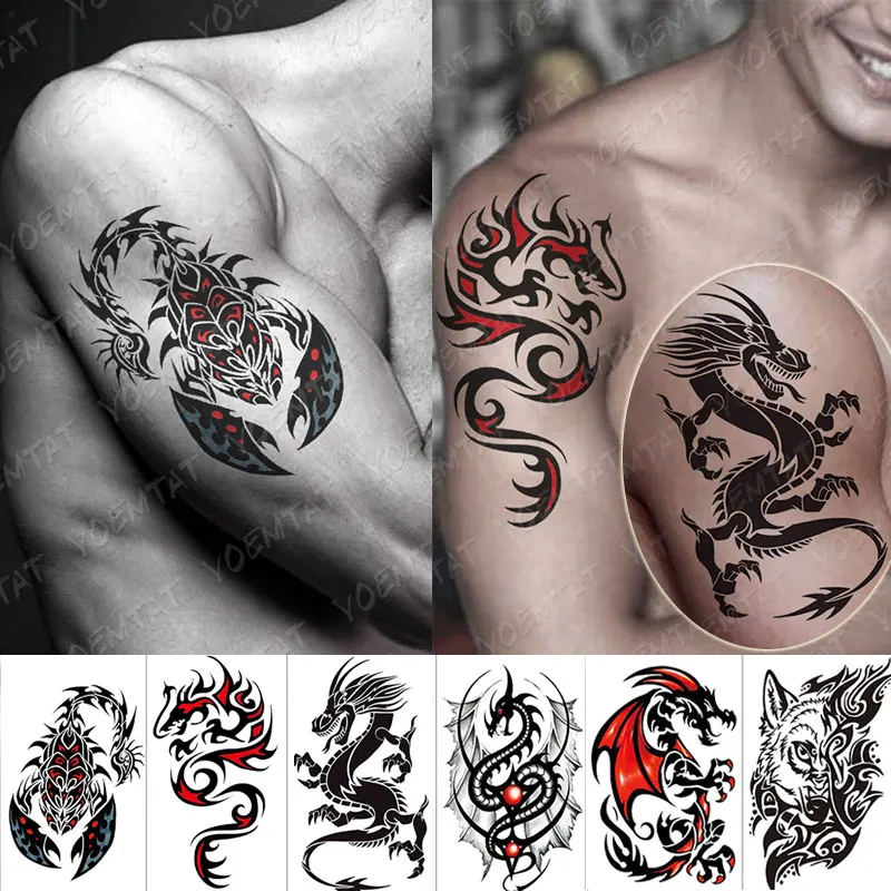 

Ephemeral Wolf Waterproof Men's Temporary Tattoo Sticker Scorpion Dragon Body Art Shoulder Transfer Fake Tato Women Totem Tatto