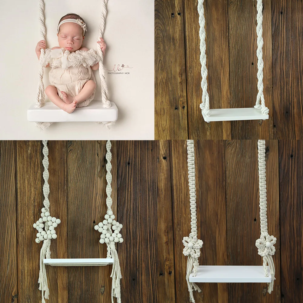 Vintage Wooden Prop Macrame Swing for Newborn Photography Props Babies Infants Photo Shooting Chair Pod Accessories Fotografia