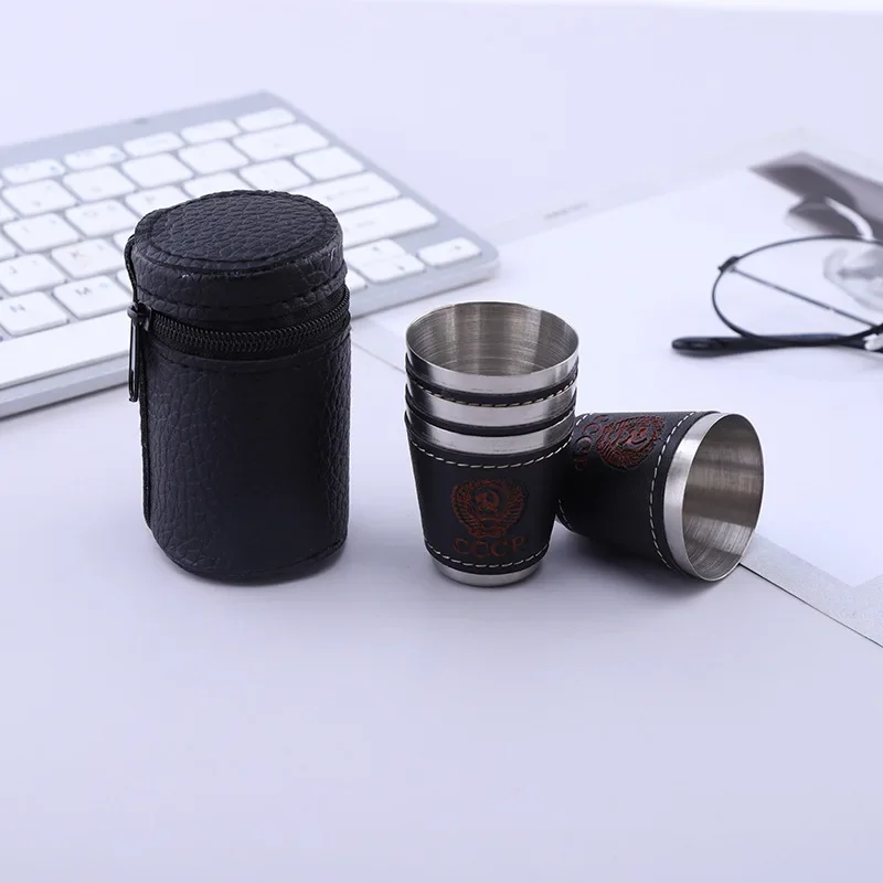 4pcs/lot 30/70ml Outdoor Camping Tableware Travel Cups Set Picnic Supplies Stainless Steel Wine Beer Cup Whiskey Mugs PU Leather