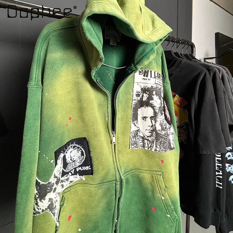 American Hot Girl Rock Print Mid-length Hoodies Women Punk Style Subculture Splicing Hoodie High End Street Trend Zip Up Hoodie