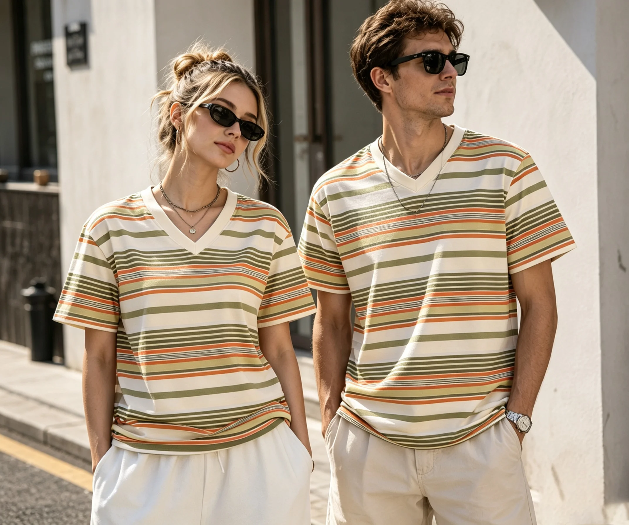 2026 Family Matching V‑Neck T‑Shirt 90s Retro Boho Vibrant Striped Color Block Y2K Streetwear Loose Casual Outfit Kids Adults