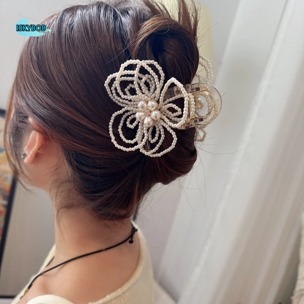 

Waterproof Pearls Flower Shark Clip Elegant Sweet Grain-like Beads Hair Claw White Headwear Handmade Beads Hairgrips Women