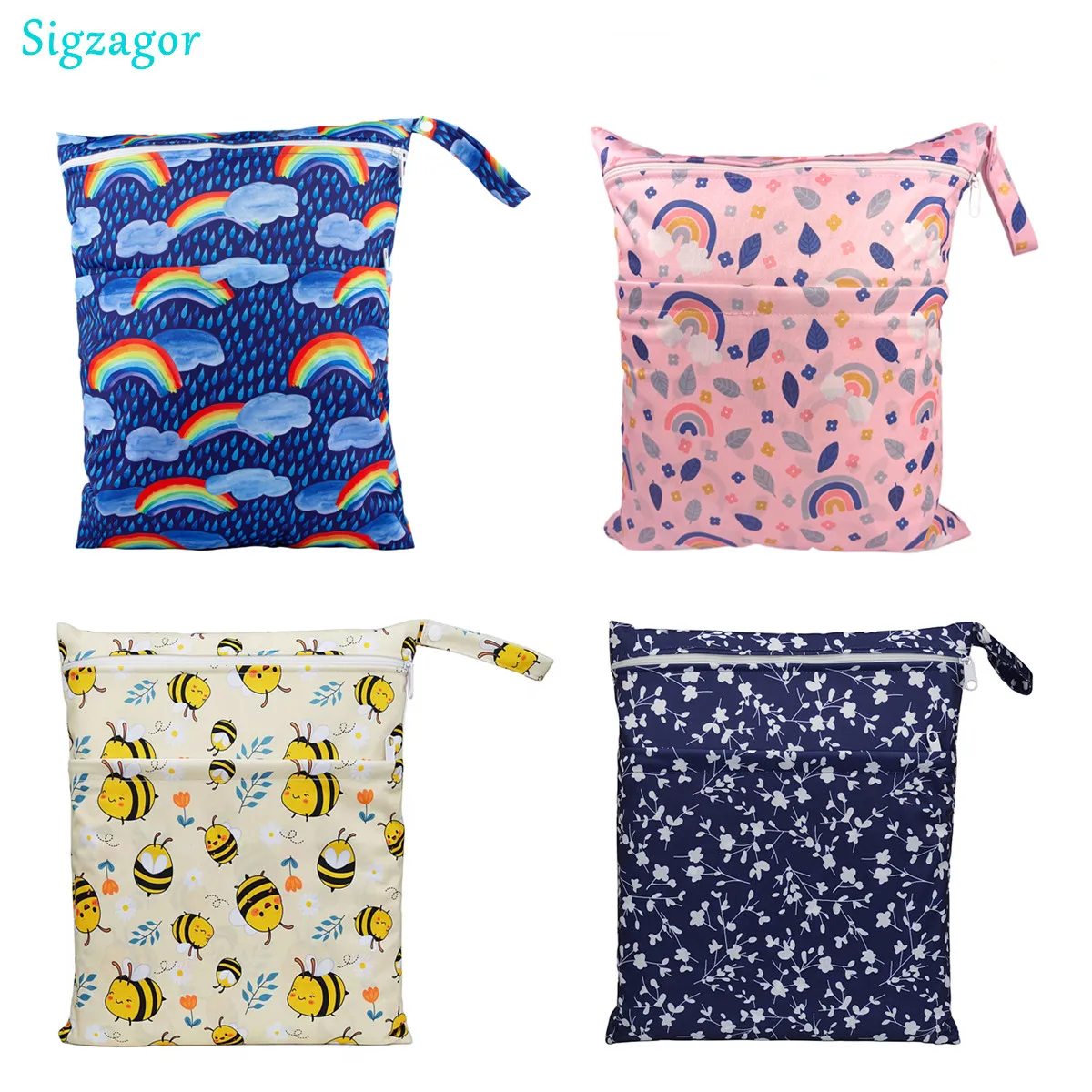 [Sigzagor]Wet Dry Bag With Two Zippered For Baby Diapers Nappies Waterproof Reusable 36cmx29cm