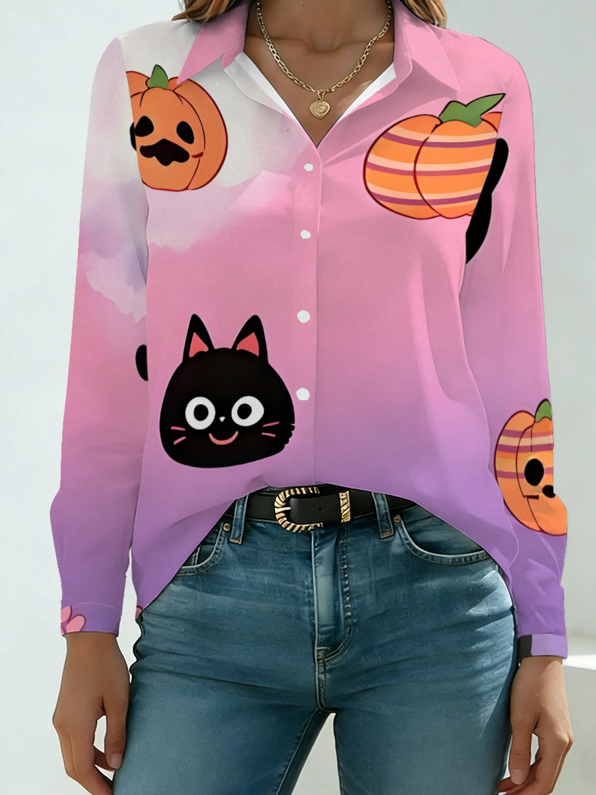 Minimal Kawaii Halloween Womens Collared Shirt Pastel Pink Purple Ombre Base Cartoon Black Cat Pumpkin Allover Print Long Sleeve