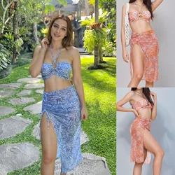 New Swimwear Sexy Bikini Mesh Three-piece Set Push-up Printed Swimsuit for Women