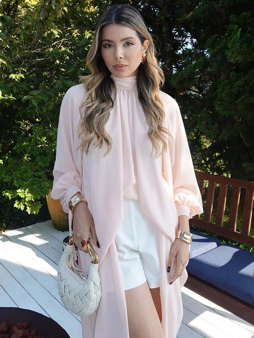 Oymimi, camisa holgada rosa a la moda para mujer, camisas elegantes con cuello alto y manga en la muñeca, camisas sólidas plisadas a media pantorrilla para otoño, ropa de calle