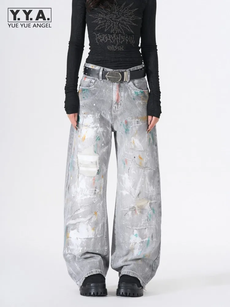 Spring Summer Personality Women Graffiti Jeans High Street American Style Distressed Denim Pants Female Casual Straight Trousers