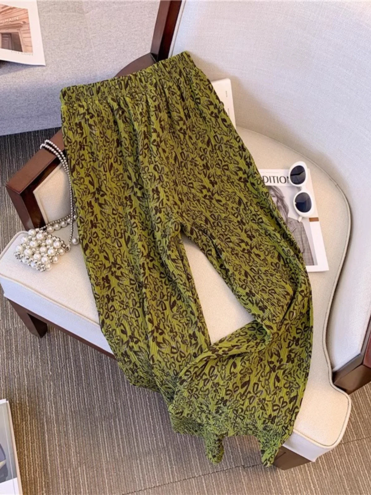 High Waist Wide Leg Ice Silk Pants Women's Summer Thin Straight Cut Beachwear Cool Slimming Small Size Sun Protection