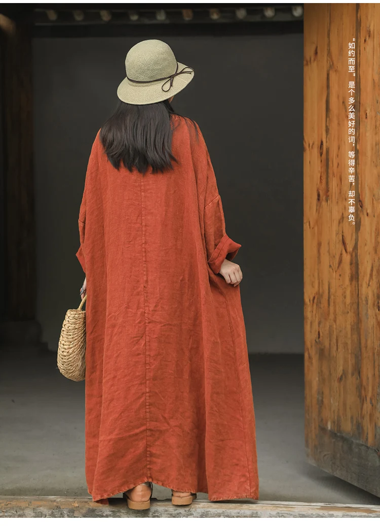 Women\'s Casual Loose Linen V-Neck Maxi Dress Long Sleeve Flowy Boho Dress Drop Shoulder Vintage Flax 2024 Spring Autumn Fash
