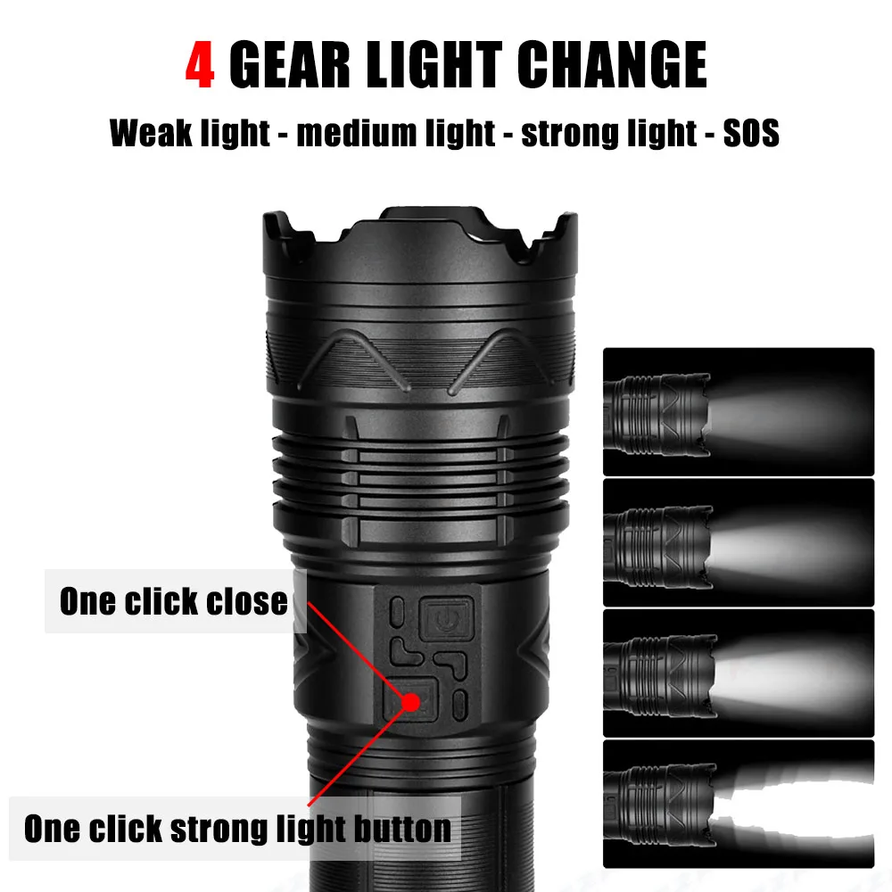 Powerful LED Flashlight Super Bright Spotlight Long Range Zoomable Emergency Torch Outdoor Tactical Flashlight Power Display