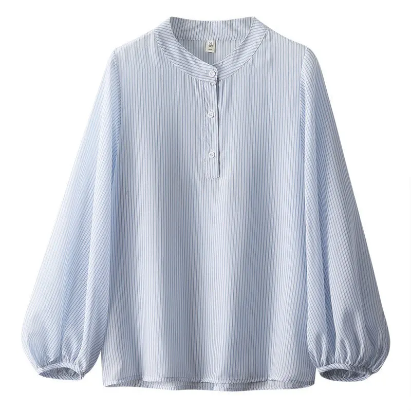 Long Sleeve Autumn Women's Blouse 2023 New Elegant Round Collar Buttons Casual Loose Office Ladies Striped T-Shirts Tops Female