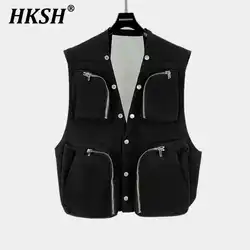 HKSH Spring Autumn Summer New Men's Dark RO Style Showroom Function Pocket Motorcycle Zipper Button Outer Strap Vest Coat HK2955