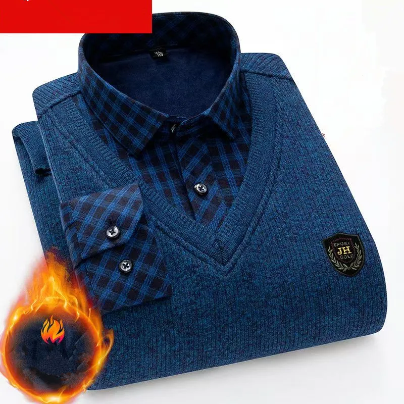 2025 Winter and autumn fleece-lined warm pullover men's fashionable, individualistic, slim-fit business-style sweater L-4XL