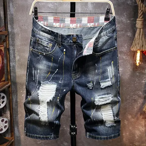 Jeans da uomo estivi Trend Mendicante Quarter Pantaloni Pantaloncini di jeans strappati Sciolti dritti dipinti
