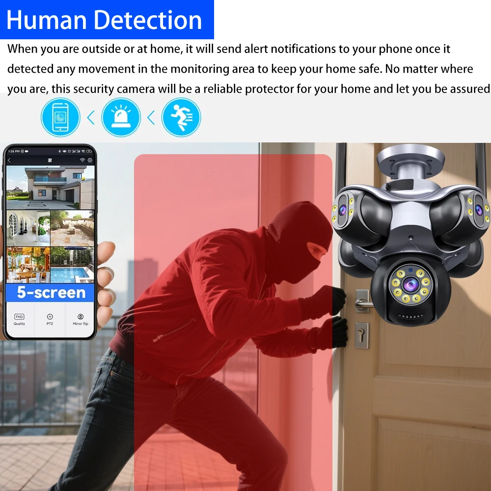 25MP Security Cameras Outdoor 5 Lens 5Screen 5PTZ 90° 360°Pan-Tilt View 2.4G WiFi Security Camera With AI Motion Tracking Audio