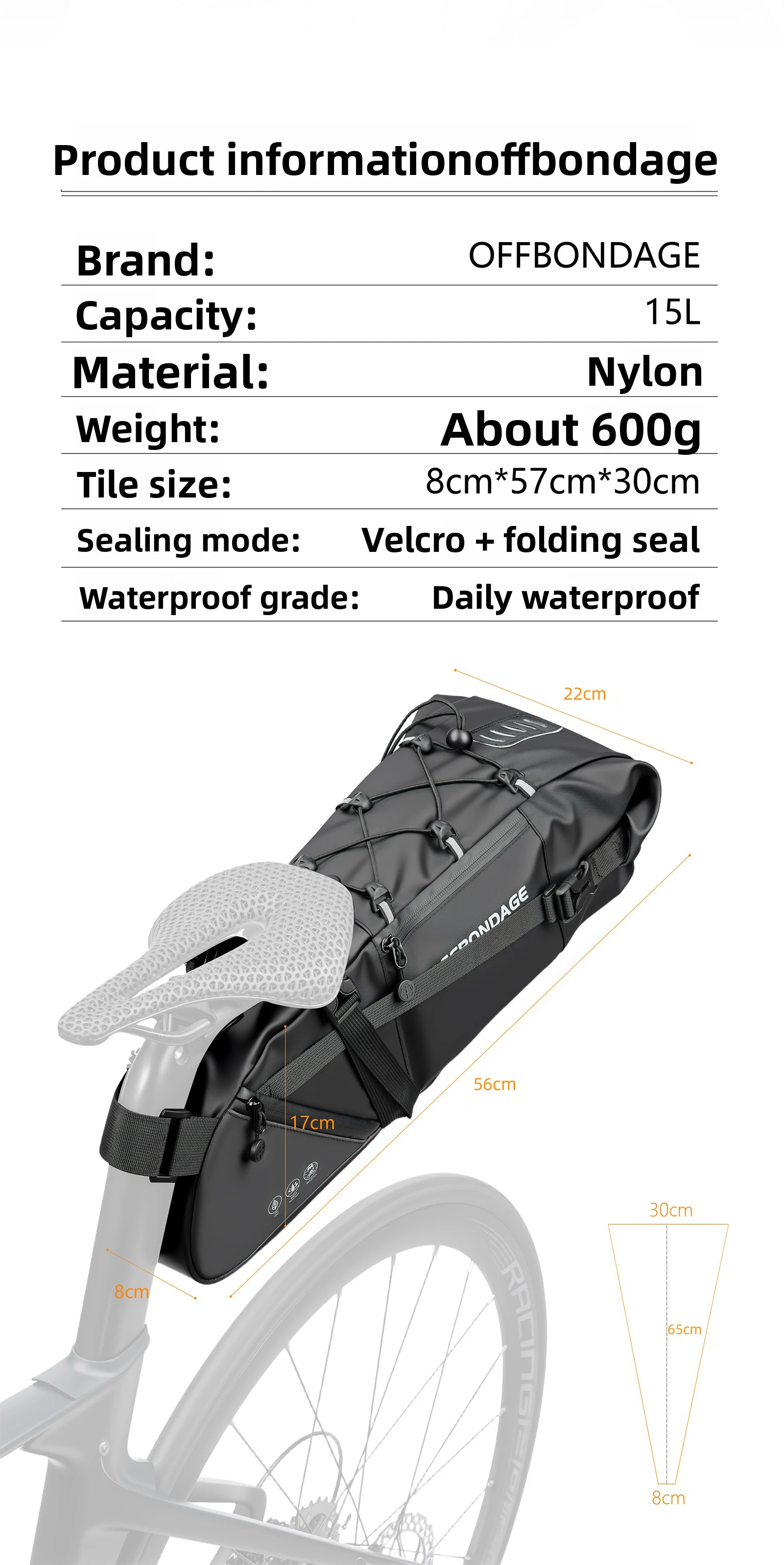 OFFBONDAGE 15L Fahrrad-Satteltasche, große Kapazität, wasserdichte Fahrradtasche, Fahrrad-Hecktasche, MTB, faltbare Hecktasche, Rennrad-Gepäcktasche – Detail 1