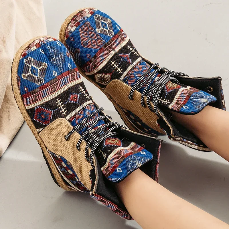 Ankle Boots for Women Patchwork Women Boots Embroider Lace Up Light Breathable Cotton Linen Design Women's Casual Shoes Botines