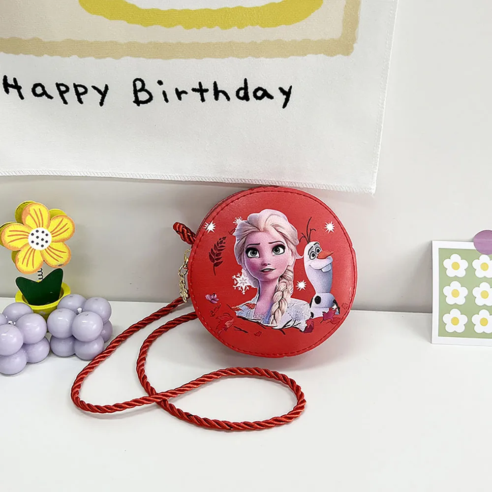 Disney Kids Crossbody Bag Frozen Princess Shoulder Bag Girl Cartoon Elsa Coin Purse Cute PU Leather Handbag Small Round Bag