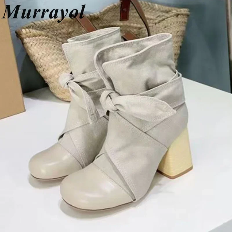 

Round Toe Genuine Leather Chunky High Heels Mid Calf Boots Women Bow Ties Lace Up Short Boots Ladies Autumn Winter Modern Boots