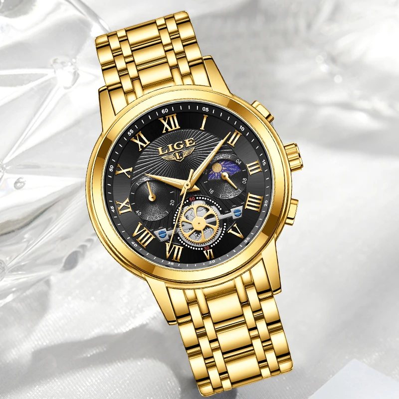 New LIGE Ladies Wristwatch Luxury Waterproof Luminous Gold Watch For Women Dress Stainless Steel Quartz Women\'s Watches+Box