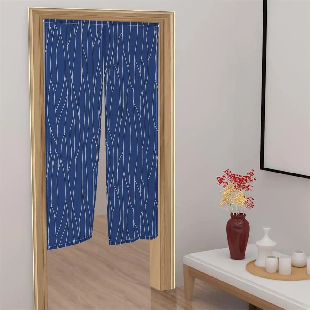 Minimalist Navy Blue Wavy Line Door Curtain, Beige Geometric Print For Home Entrance, Modern Oriental Decor Room Divider