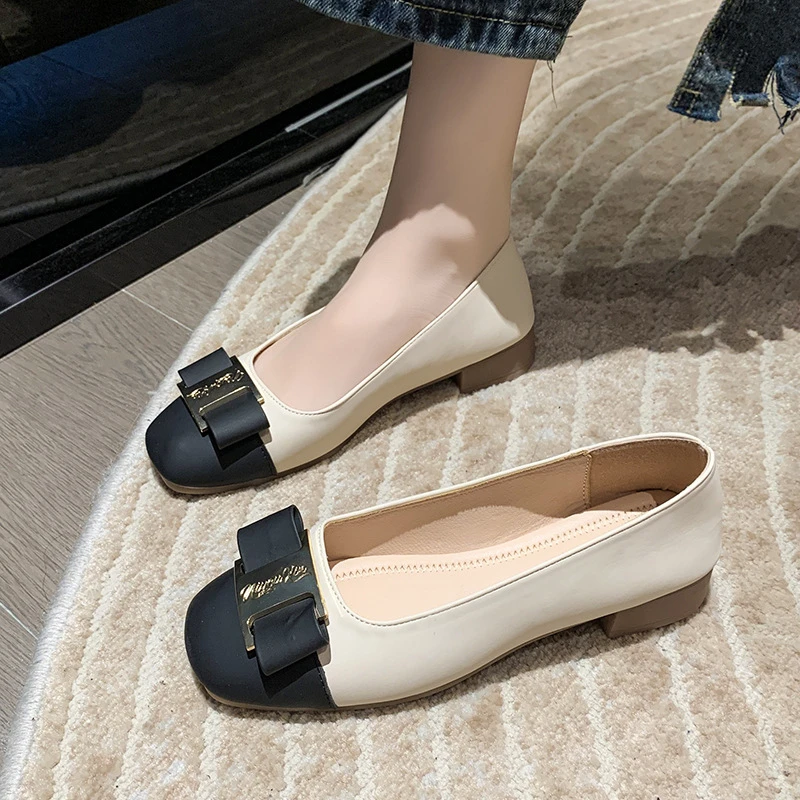 Temperament Women High Heels Square Toe Women Low Heels Bow Tie Ladies Pumps Casual Ladies Slip-on Shoes Zapatos Para Mujeres