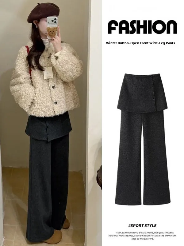 

Серые утепленные флисовые брюки с высокой талией и широкими штанинами, женские, ранняя весна 2026, новый стиль, прямой крой, комплект из двух предметов, с эффектом стройности