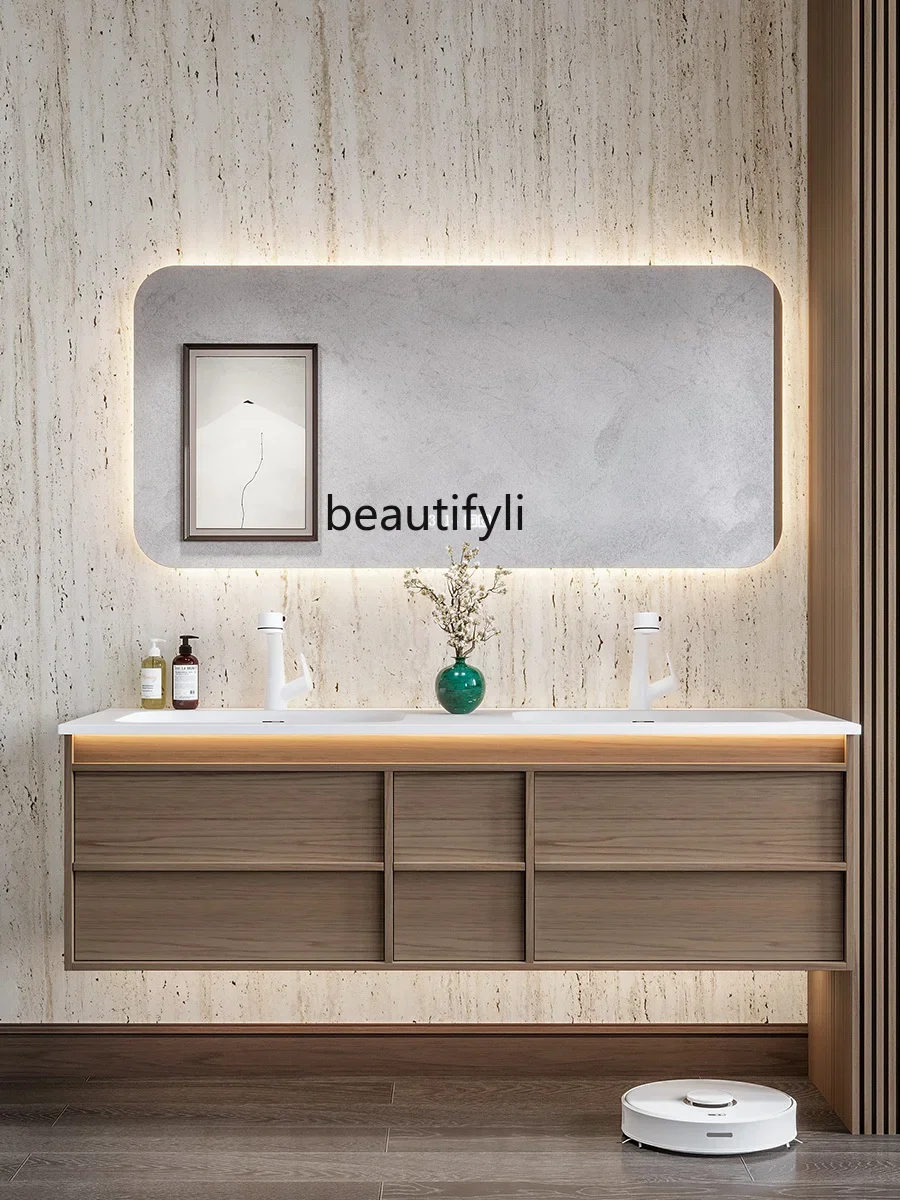 

Walnut Color Integrated Double Basin Hanging Simple Bathroom Cabinet Combination Bathroom Wash Basin