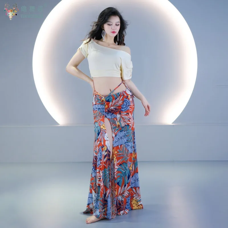 

Костюм для практики танца живота, женский топ с наклонными плечами + длинная юбка с усовершенствованным принтом, 2 предмета, одежда для выступлений восточной танцовщицы