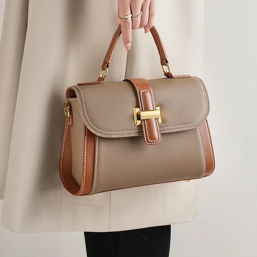 

Top layer cowhide handbag 2025 new genuine leather high quality contrasting color fashionable women's one-shoulder crossbody bag