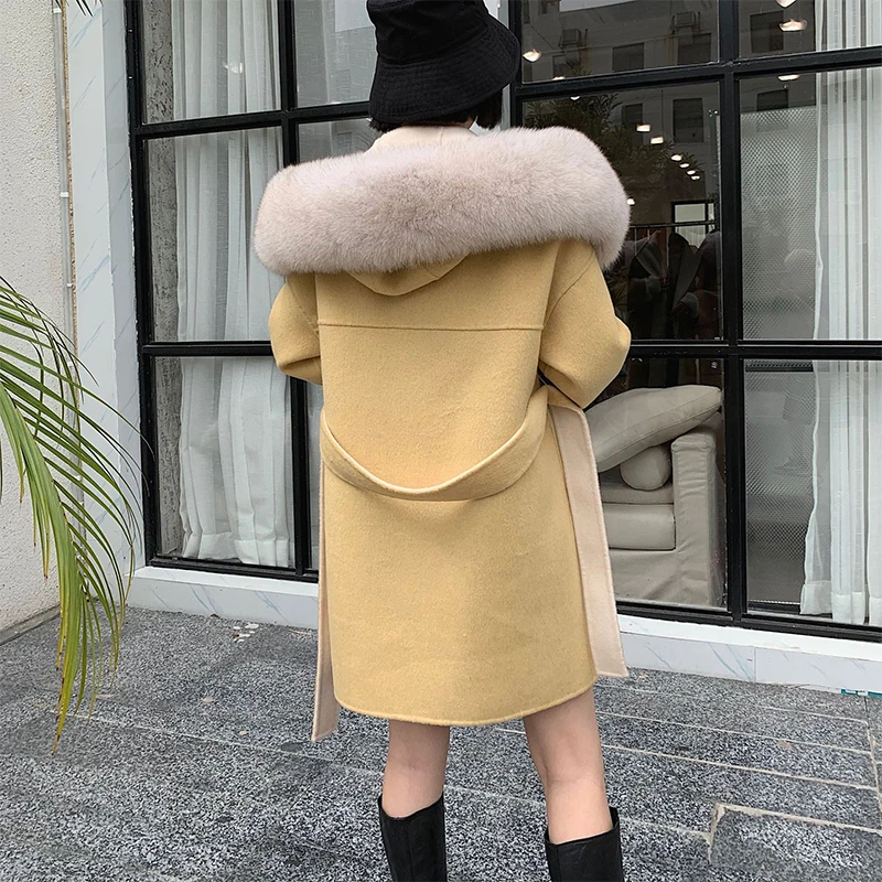 

Fur Lover 2022 Wool Cashmere Outfit Trench Coat With Real and Bigger Fox Fur Hood Collar Fashionable Fox Wool Jacket