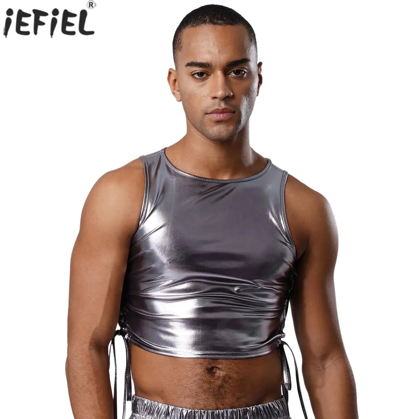 

Men Metallic Mini Tank Top Crew Neck Sleeveless Sides Lace-up Crop Tops Vest for 1920s Disco Raves Party Fashion Top Shirts