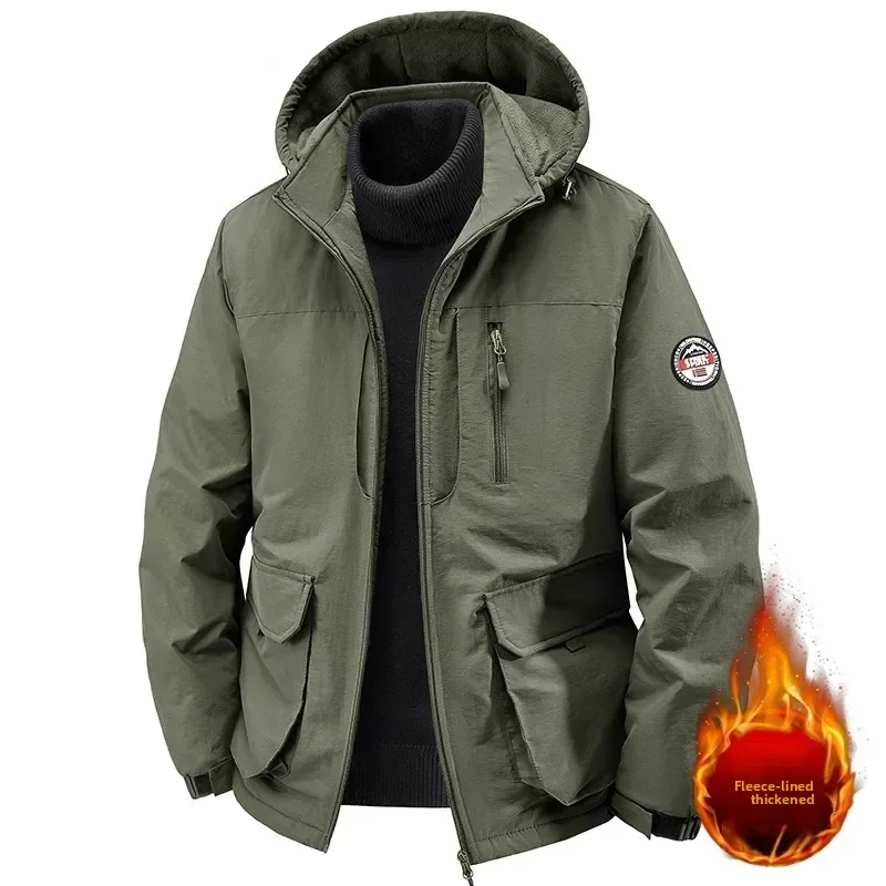 

Мужская утолщенная куртка с капюшоном на флисовой подкладке, спортивное пальто на открытом воздухе, осень-зима, новый стиль, повседневная верхняя одежда на молнии с несколькими карманами