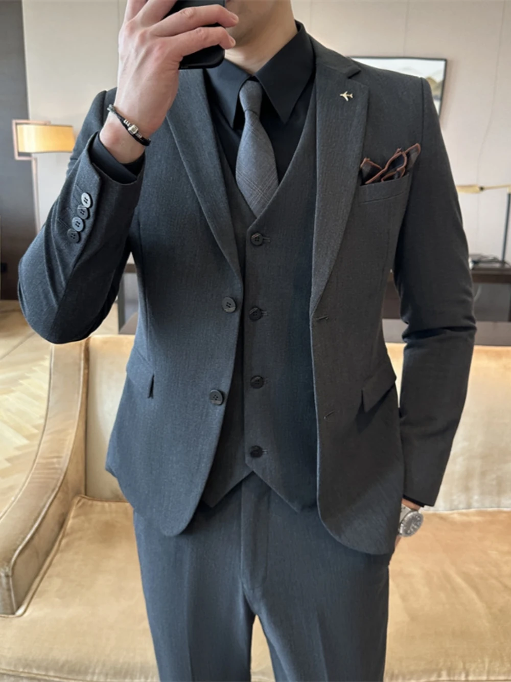 Solid Men's Slim Fit Suits Formal Business Set Autumn Notched Lapel Suit Jacket Man Wedding Groom Sets Chic Full Sleeve Tuxedo