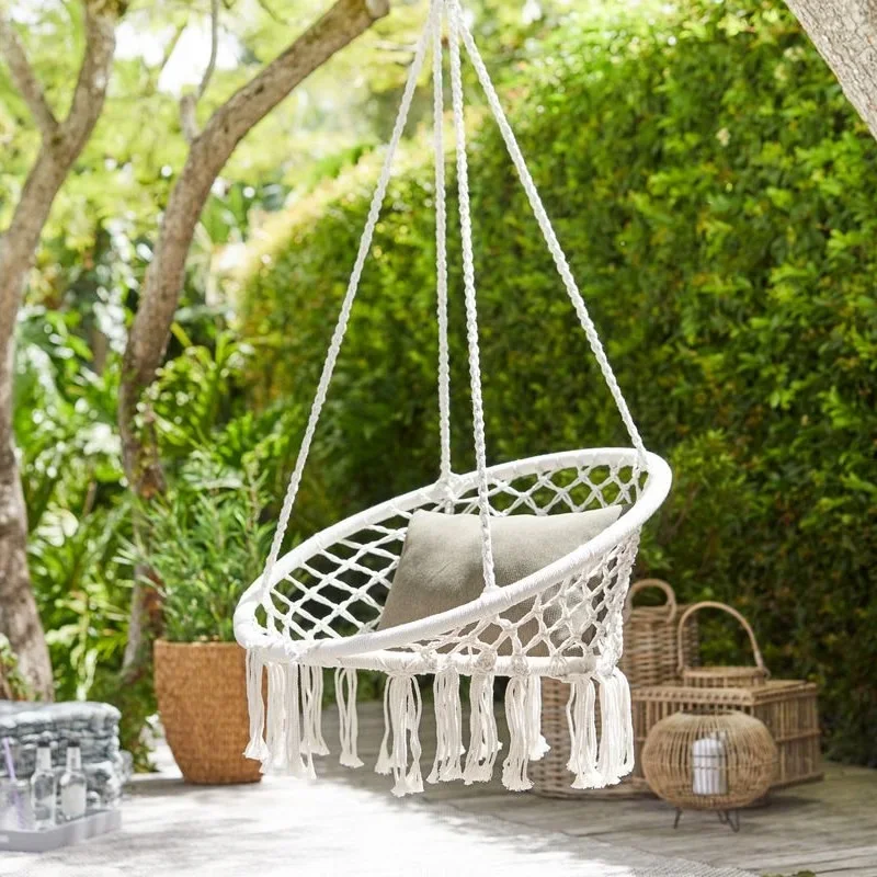 hamac rond blanc, Style pompon en coton, pour balcon et cour