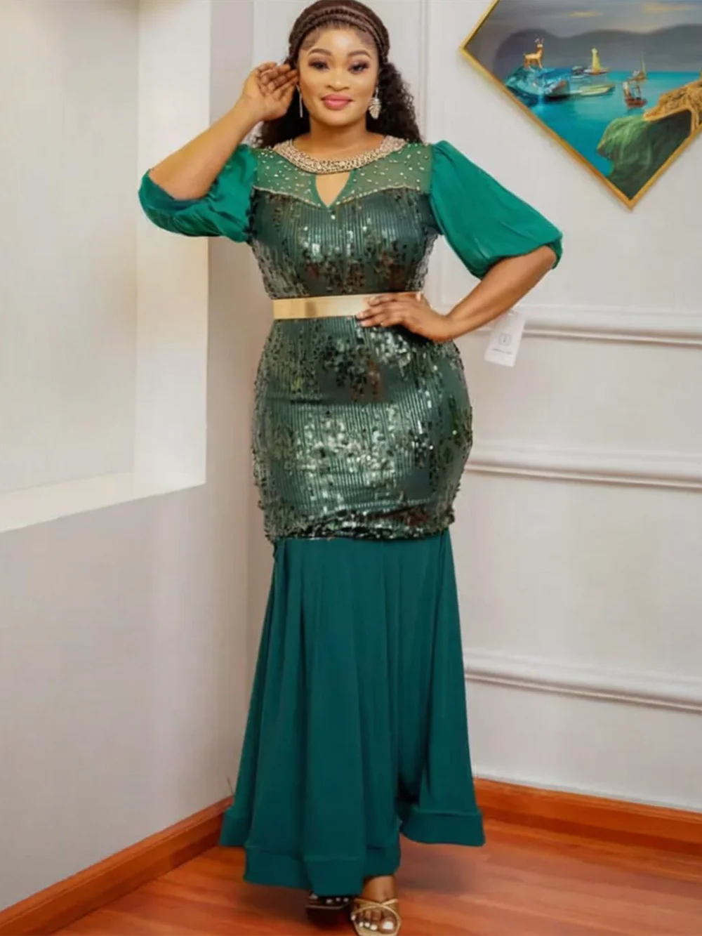 

Elegant African Dresses for Women Dashiki Ankara Sequin Evening Gown Plus Size Turkey Wedding Party Long Dress Christmas Robe