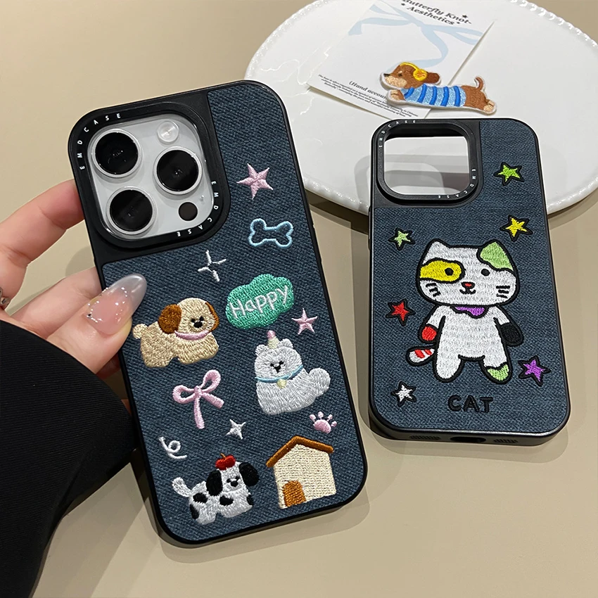 아이폰 17 16 15 14 13 Pro 12 11 Max Plus 16Pro 수제 패브릭 자수 강아지 폰 케이스 15Promax 커버 쉘