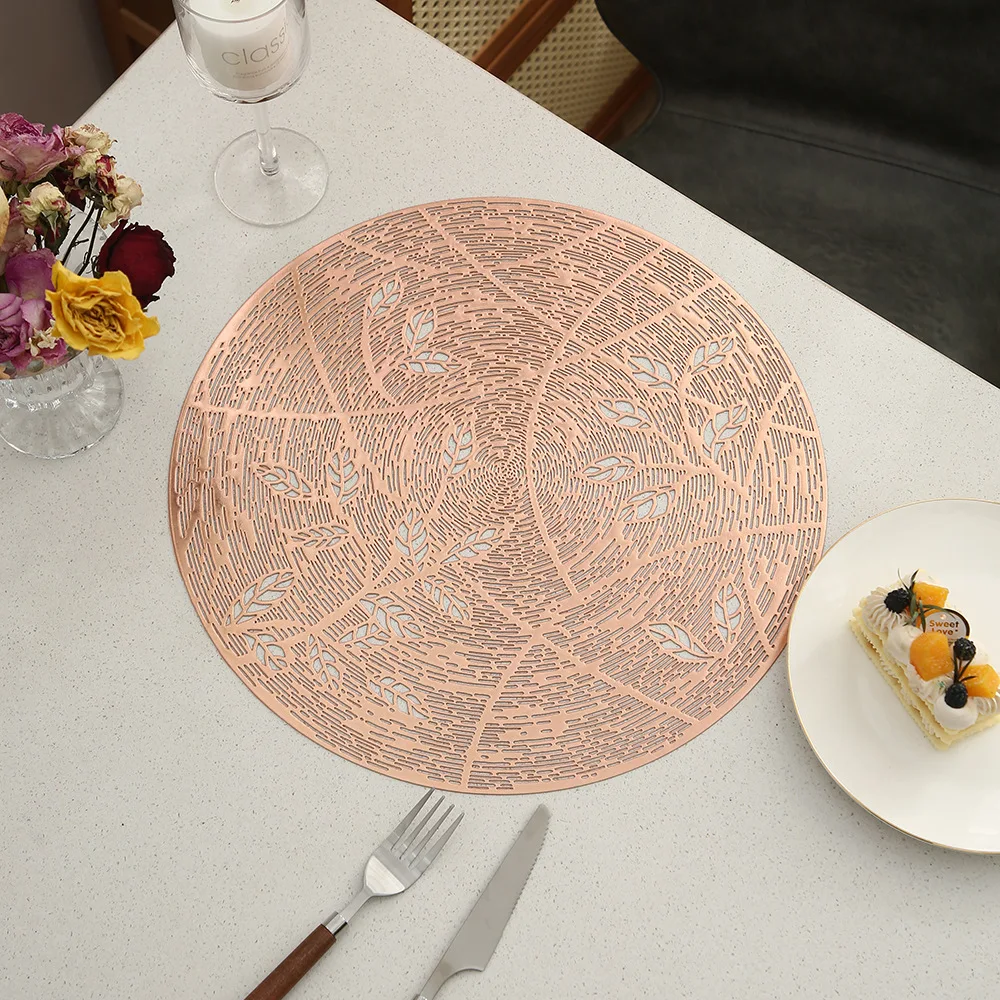 6/4pcs Round Messy Silk Fine Leaf Pattern Placemat PVC Hollow Hot Stamping Home Dining Table Decor Mat Hotel Restaurant Coaster