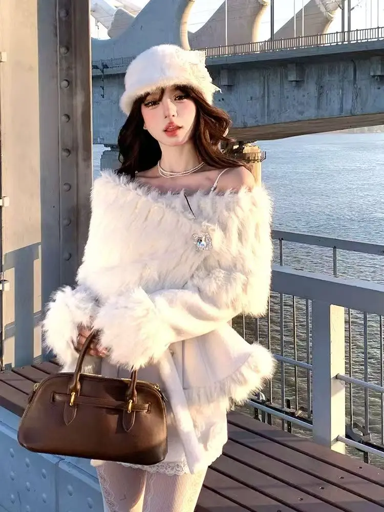 أزياء أنيقة الدافئة 3 قطع مجموعة النساء تصميم هيبورن طويلة الأكمام الدانتيل معطف الوبر اليابانية الحلو رقيقة ضئيلة Kawaii وتتسابق #5