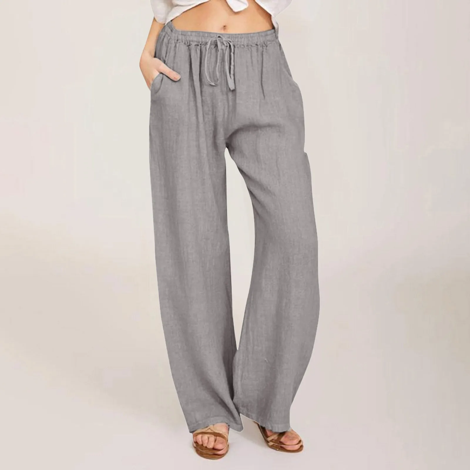 

Casual Wide Leg Pants Drawstring Elastic Waist Loose Long Pants Solid Color Cotton and Linen High Waisted Simplicity Trousers