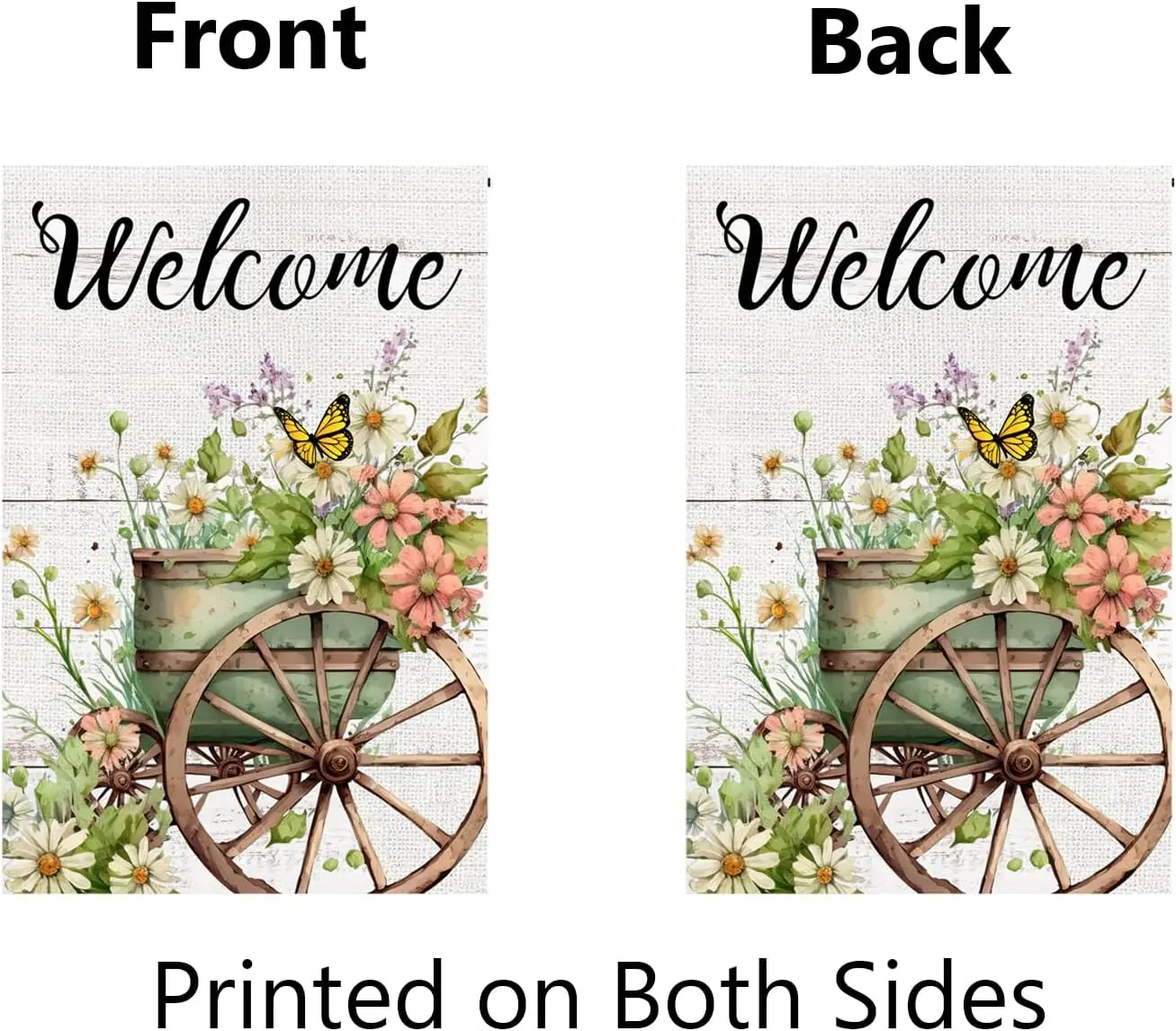 Spring Floral Garden Flag 12x18 Inch Double Sided Wagon Wheel and Flowers Welcome Burlap Yard Flag for Outside Farmhouse Front P