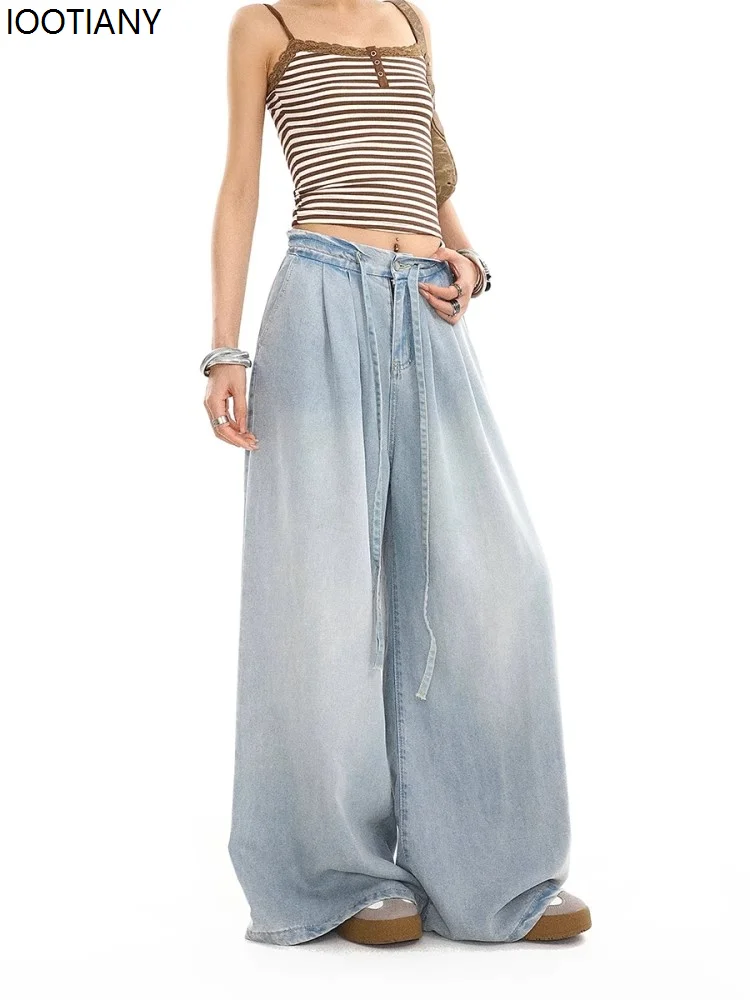 2025 Summer New Style Drape Wide-leg Jeans Elastic All-match Trendy All-match Trousers Harajuku Style Women's Straight Jeans