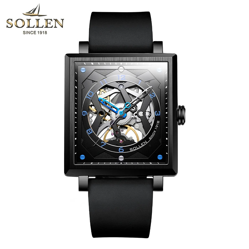 SOLLEN Orologio meccanico quadrato alla moda di marca per uomo cinturino in caucciù impermeabile orologi scheletrati automatici con zaffiro di fascia alta da uomo