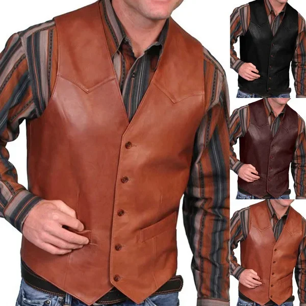 

2024 Men's New Fashion Solid Color V-neck Slim Vest Casual Single-Breasted Leather Waistcoat