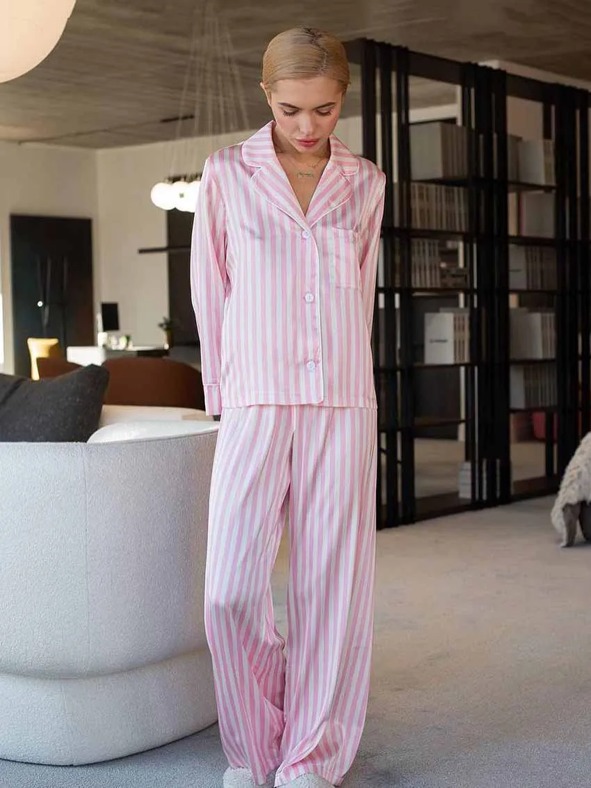 Marthaqiqi Striped Women Sleepwear Set Turn-Down Collar Pajamas Long Sleeve Nightwear Pants Causal Ladies Nightgown 2 Piece Suit