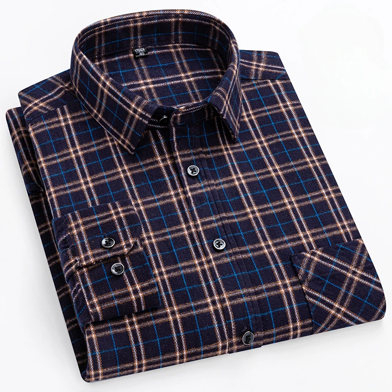 New in shirt plus size 14XL 100%cotton brushed long sleeve shirts for man slim fit formal plain shirt plaid soft elegant clothes