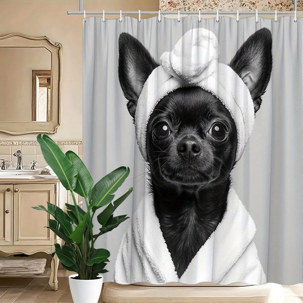 Schwarzer Chihuahua mit Bademantel und Handtuch auf dem Kopf, grauer Hintergrunddruck, Duschvorhang, wasserdicht, schimmelresistent, Polyester F