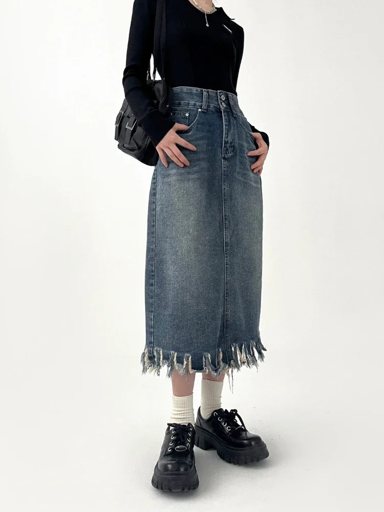 Midi Röcke Frauen Quaste Vintage Denim Herbst Hohe Taille Hotsweet Casual Zarte Back-slit Mode Mujer Streetwear Persönliche ю soi