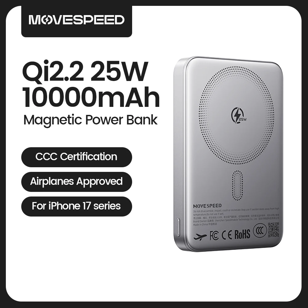 【CCC】MOVESPEED JP387Pro Qi2.2 Magnetische Kabellose Powerbank 10000mAh USB C PD 45W Kabelgebundene Schnellladung Powerbank für iPhone 17 16